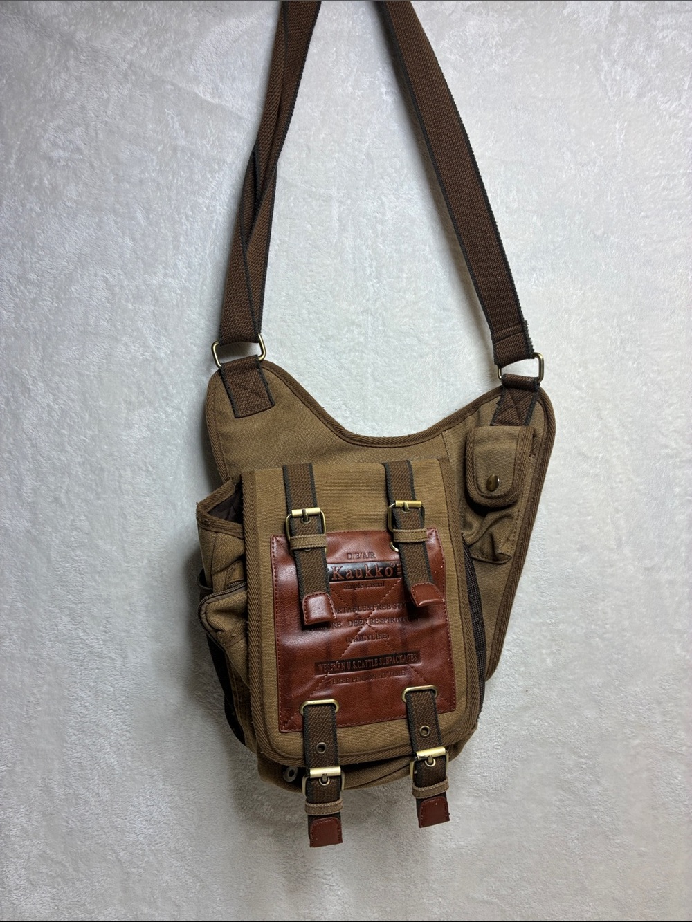 Kaukko Brown Canvas Messenger Bag with Leather Trim